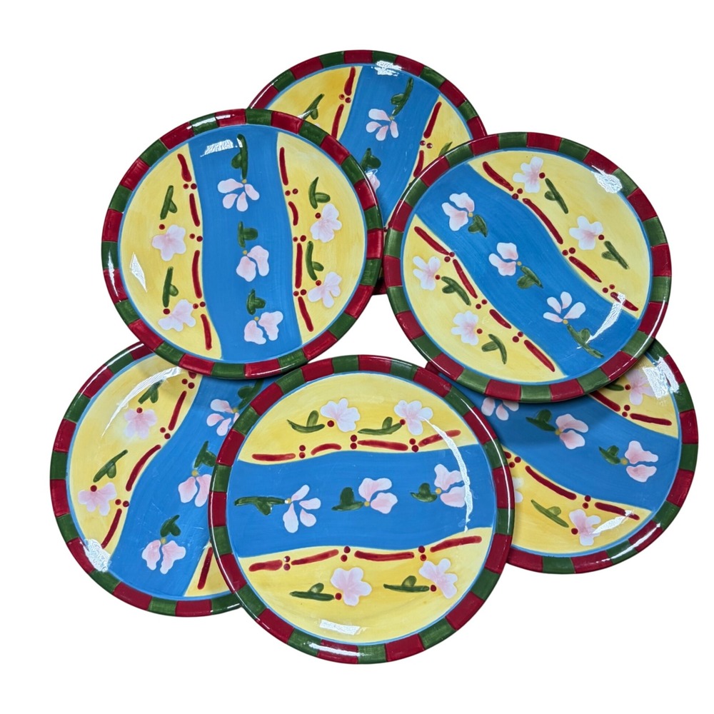 Dansk Handpainted Salad Plates Set of 6 Floral Blue Yellow Red Green 9"